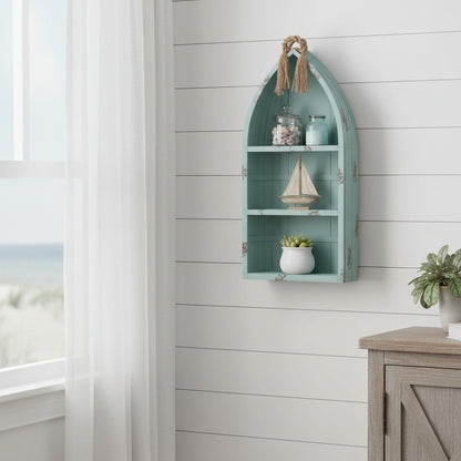 34" AQUA BLUE WOOD CANOE HANGING SHELF - Varnish & Vibe