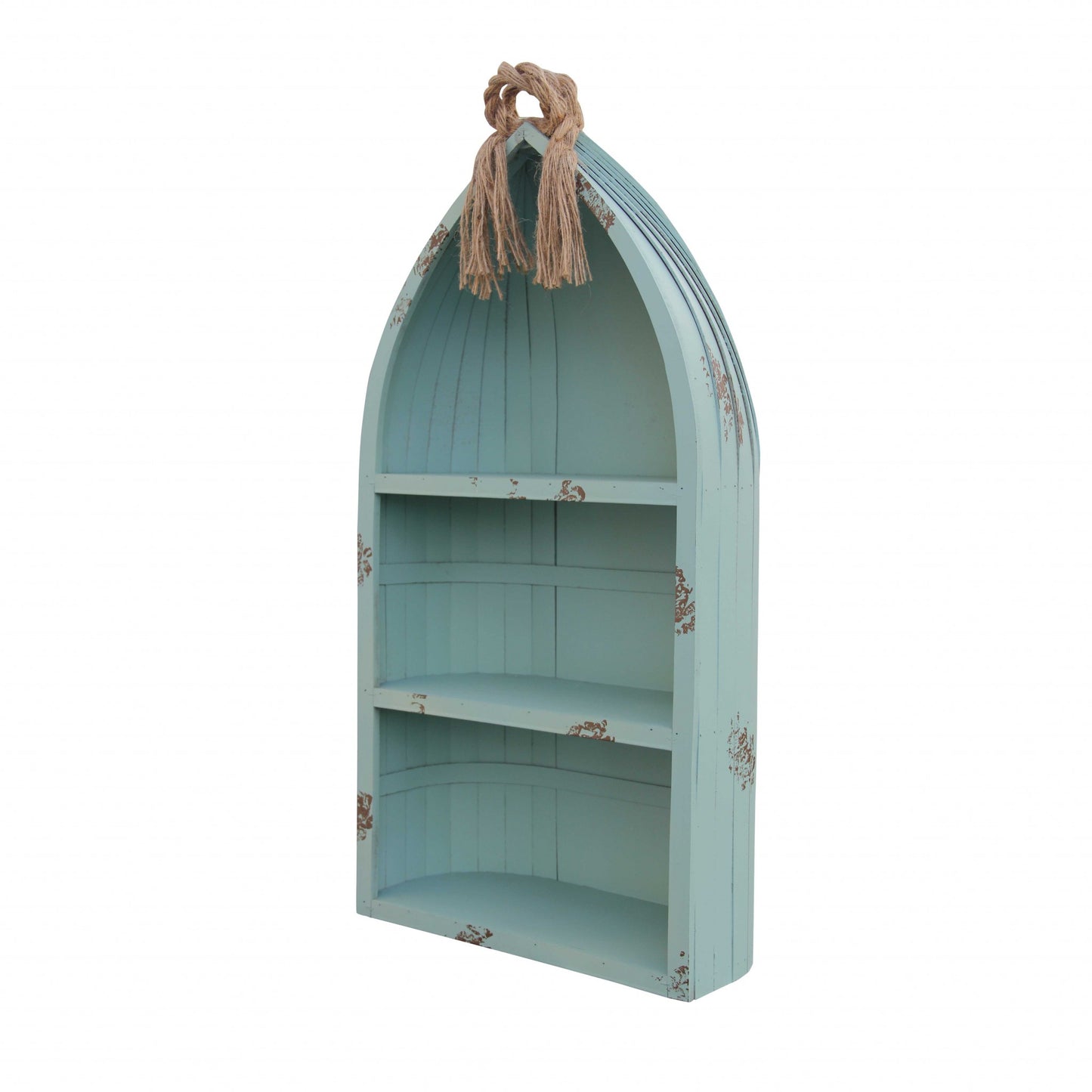 34" AQUA BLUE WOOD CANOE HANGING SHELF - Varnish & Vibe