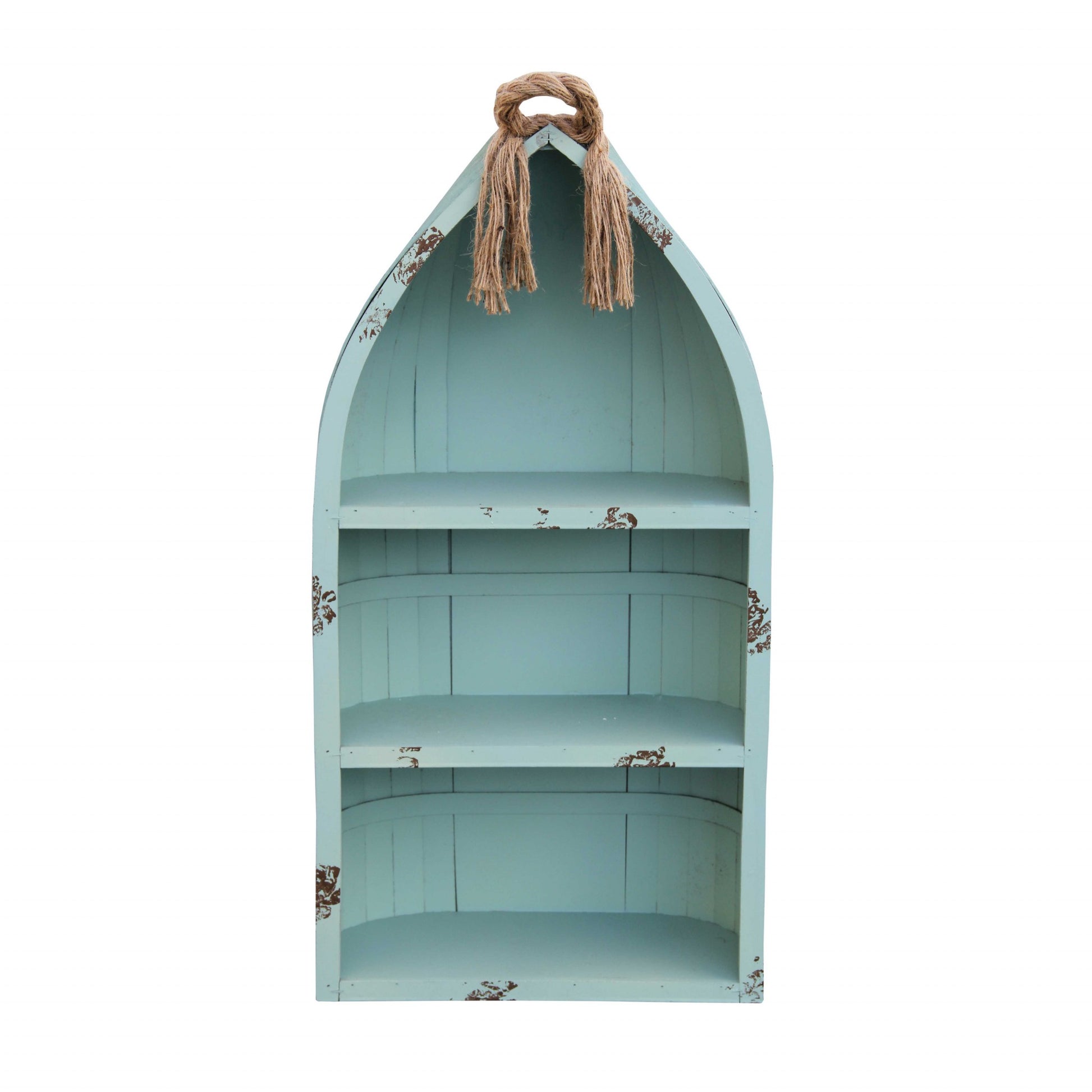 34" AQUA BLUE WOOD CANOE HANGING SHELF - Varnish & Vibe