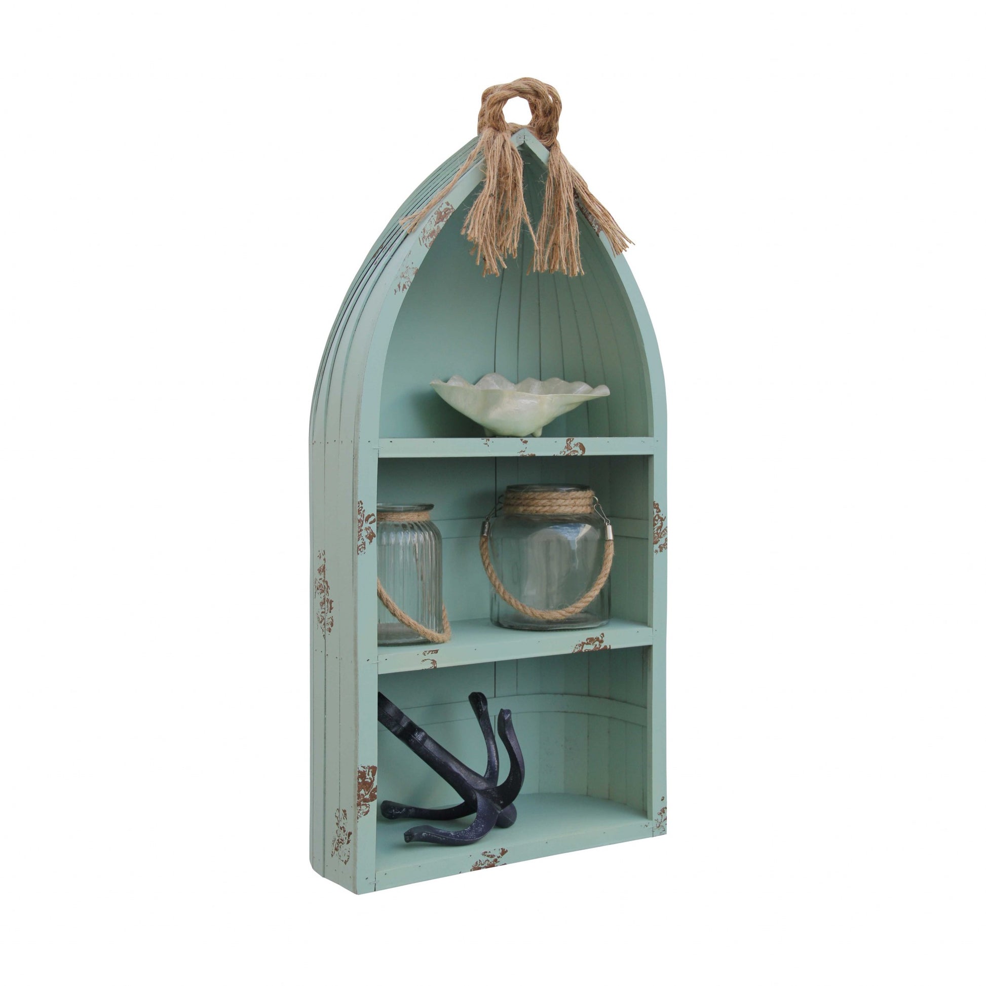 34" AQUA BLUE WOOD CANOE HANGING SHELF - Varnish & Vibe