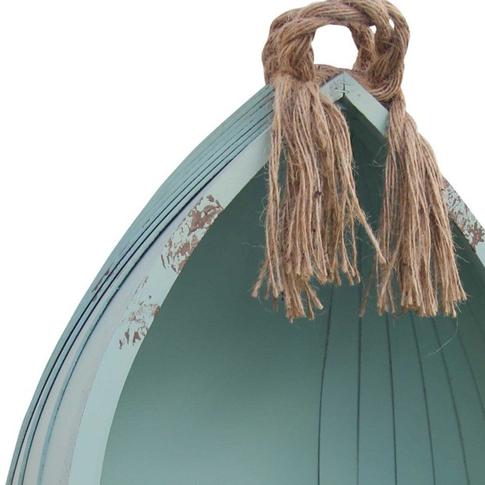 34" AQUA BLUE WOOD CANOE HANGING SHELF - Varnish & Vibe
