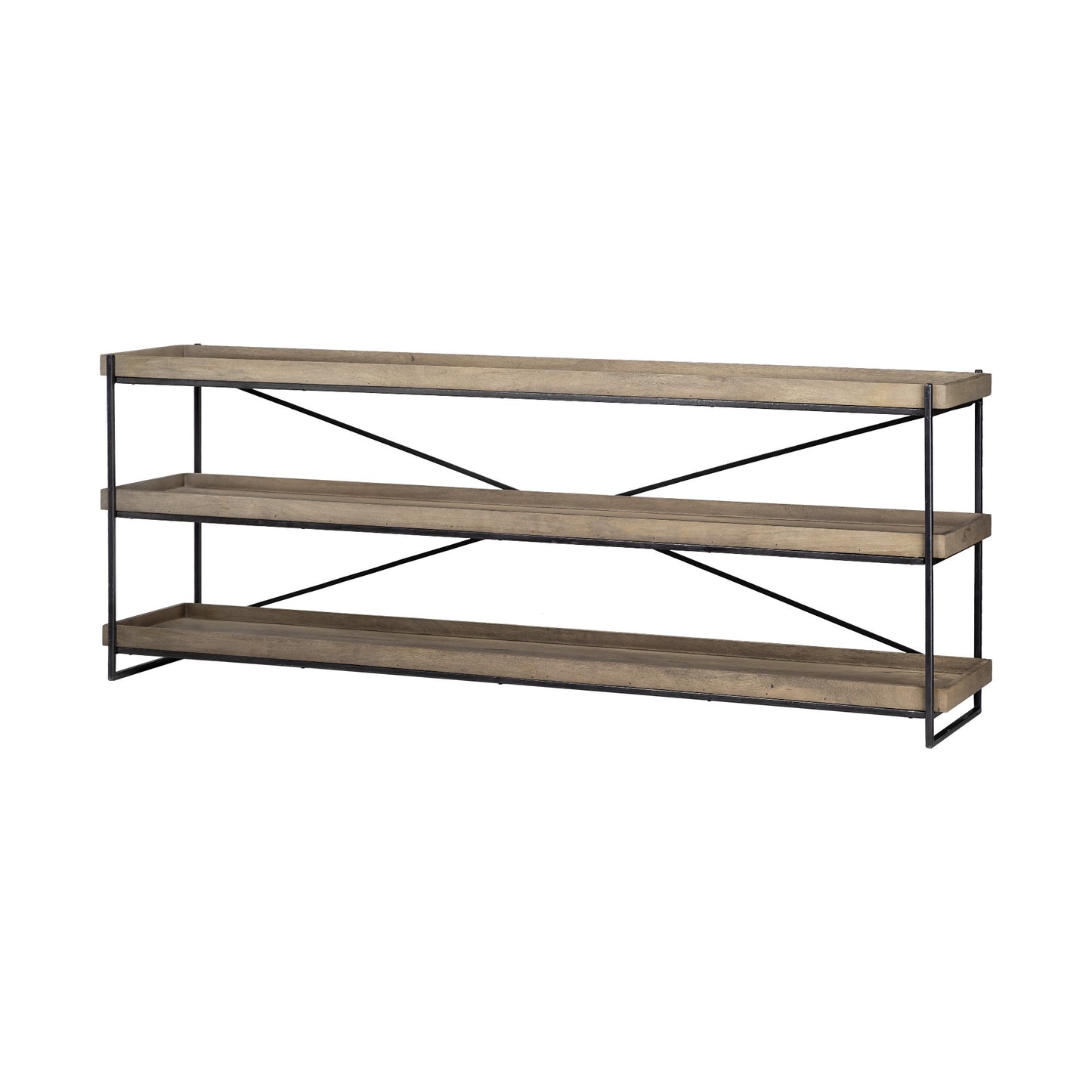 Two-tiered shelf with wooden shelves and metal brackets on a white background