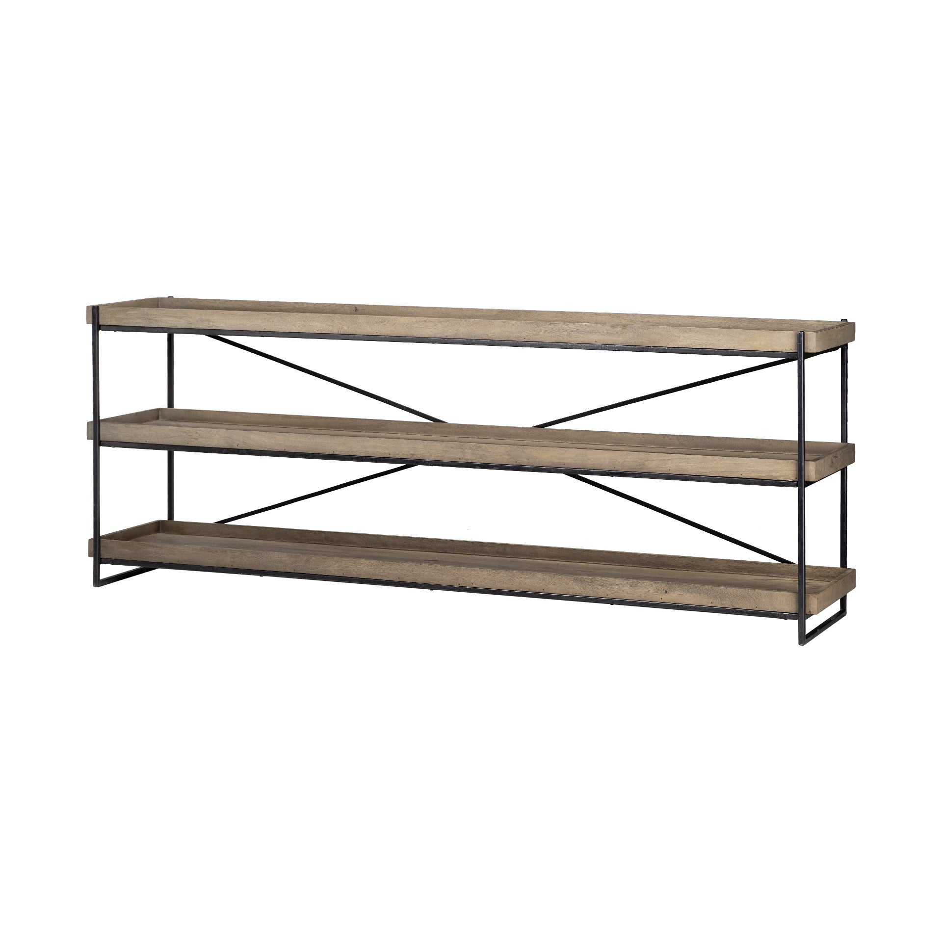 Two-tiered shelf with wooden shelves and metal brackets on a white background