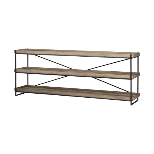 Two-tiered shelf with wooden shelves and metal brackets on a white background