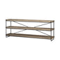 Two-tiered shelf with wooden shelves and metal brackets on a white background