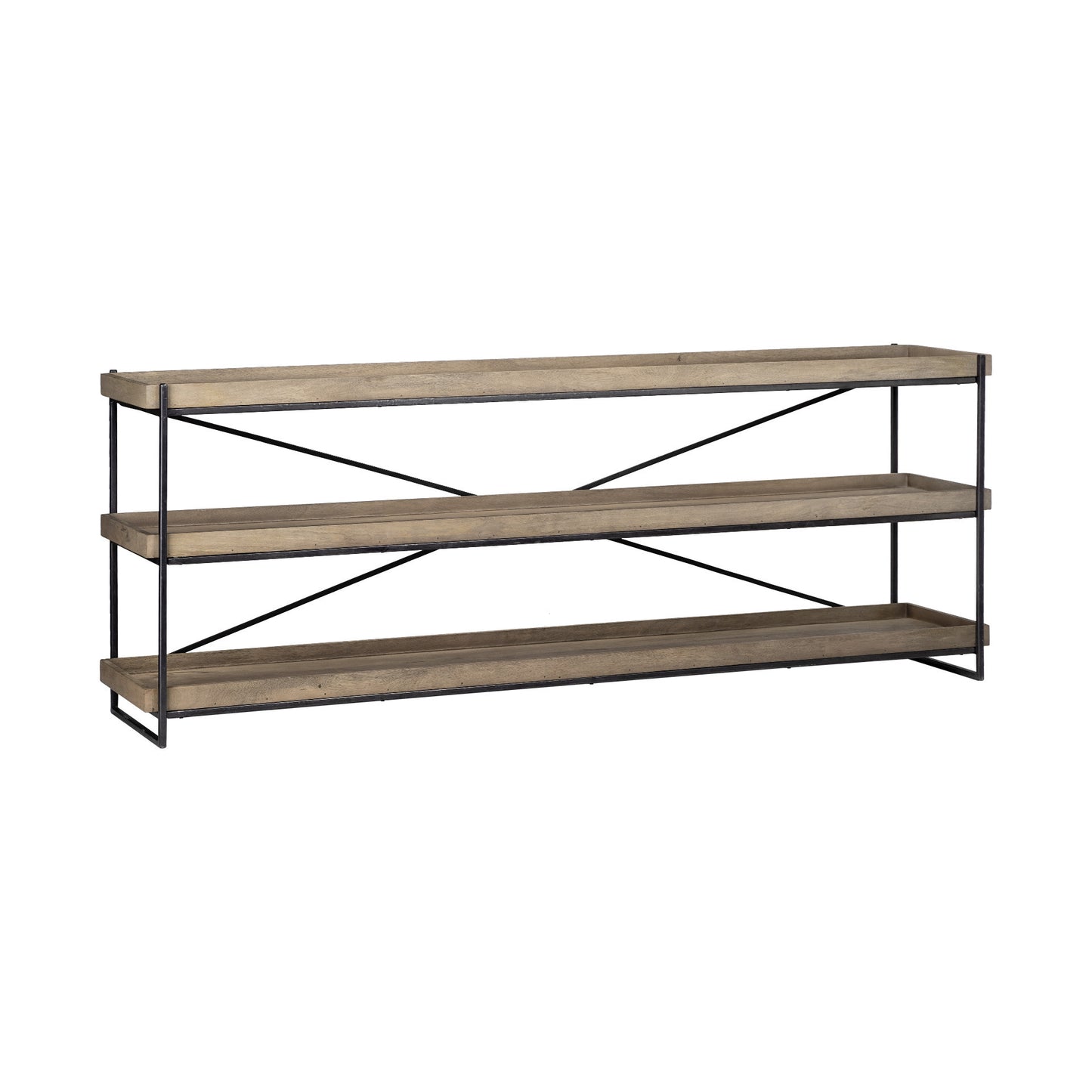 Wooden shelf with metal brackets on a white background