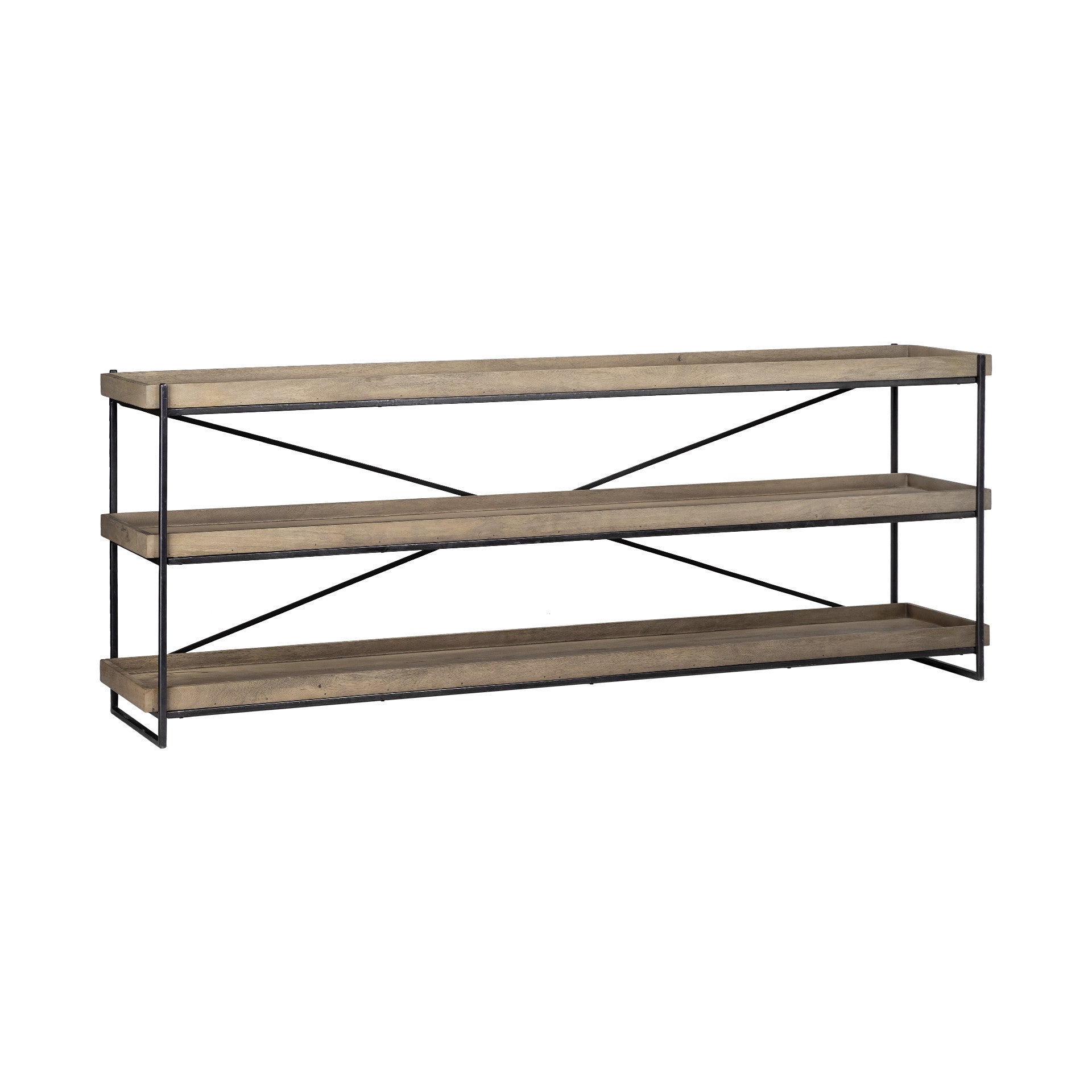 Wooden shelf with metal brackets on a white background