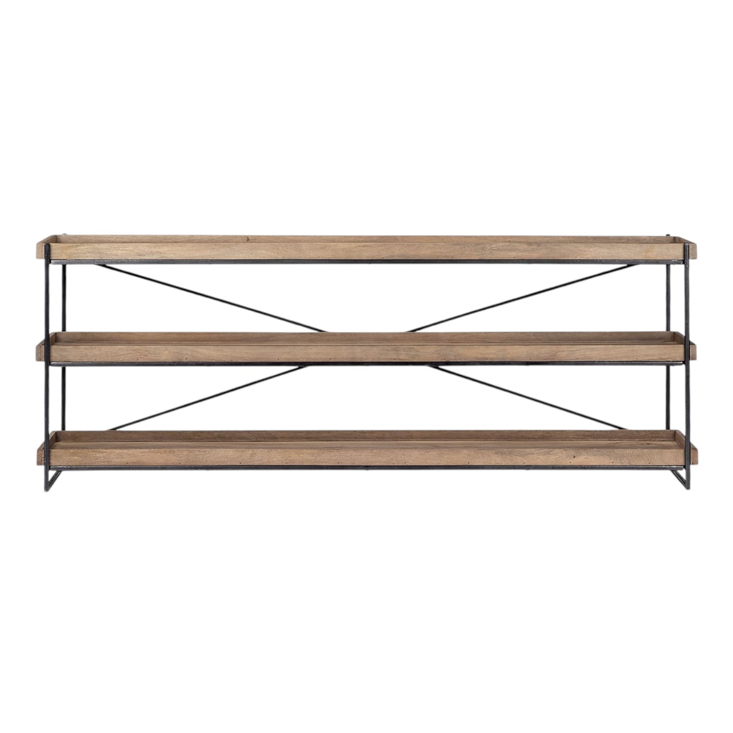 Wooden shelf with metal brackets on a white background