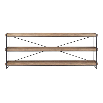 Wooden shelf with metal brackets on a white background