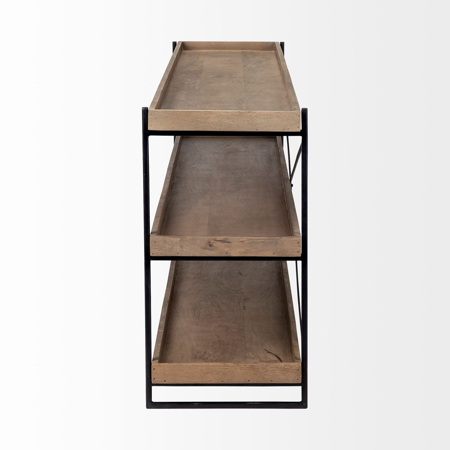 Three-tiered wooden shelf with metal frame on a white background