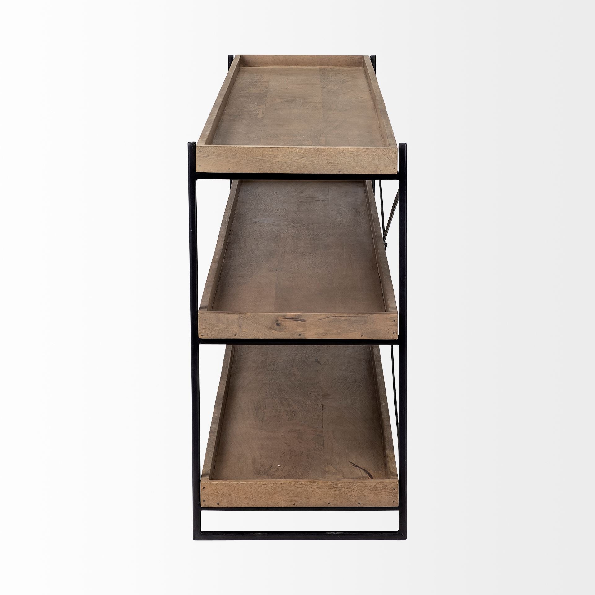 Three-tiered wooden shelf with metal frame on a white background