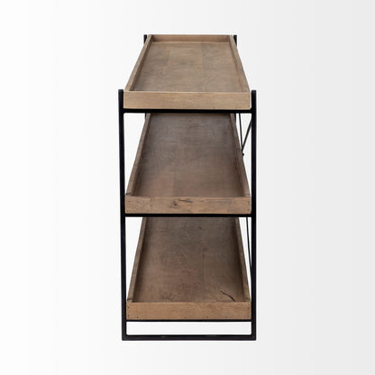 Three-tiered wooden shelf with metal frame on a white background