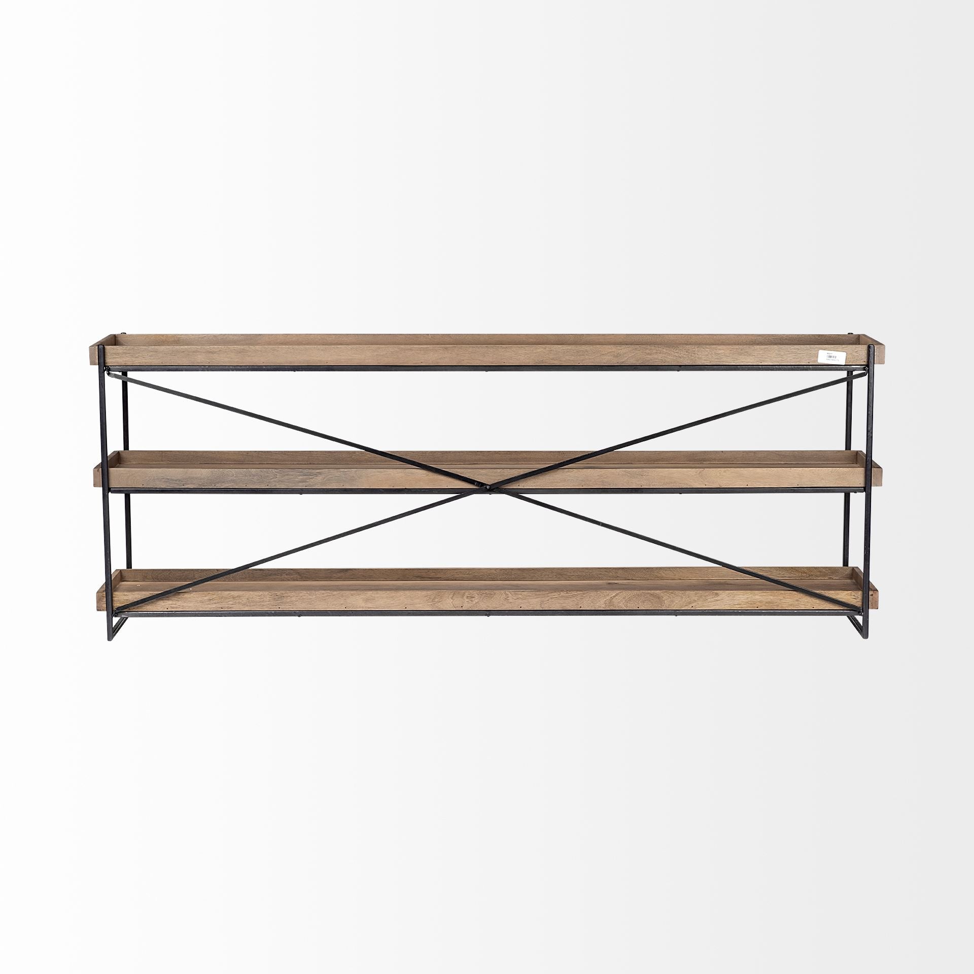 Wooden shelf with metal cross-bracing on a white background