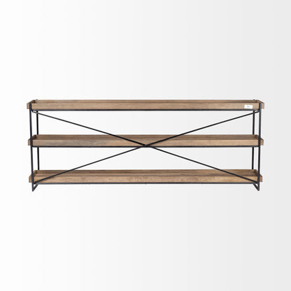 Wooden shelf with metal cross-bracing on a white background