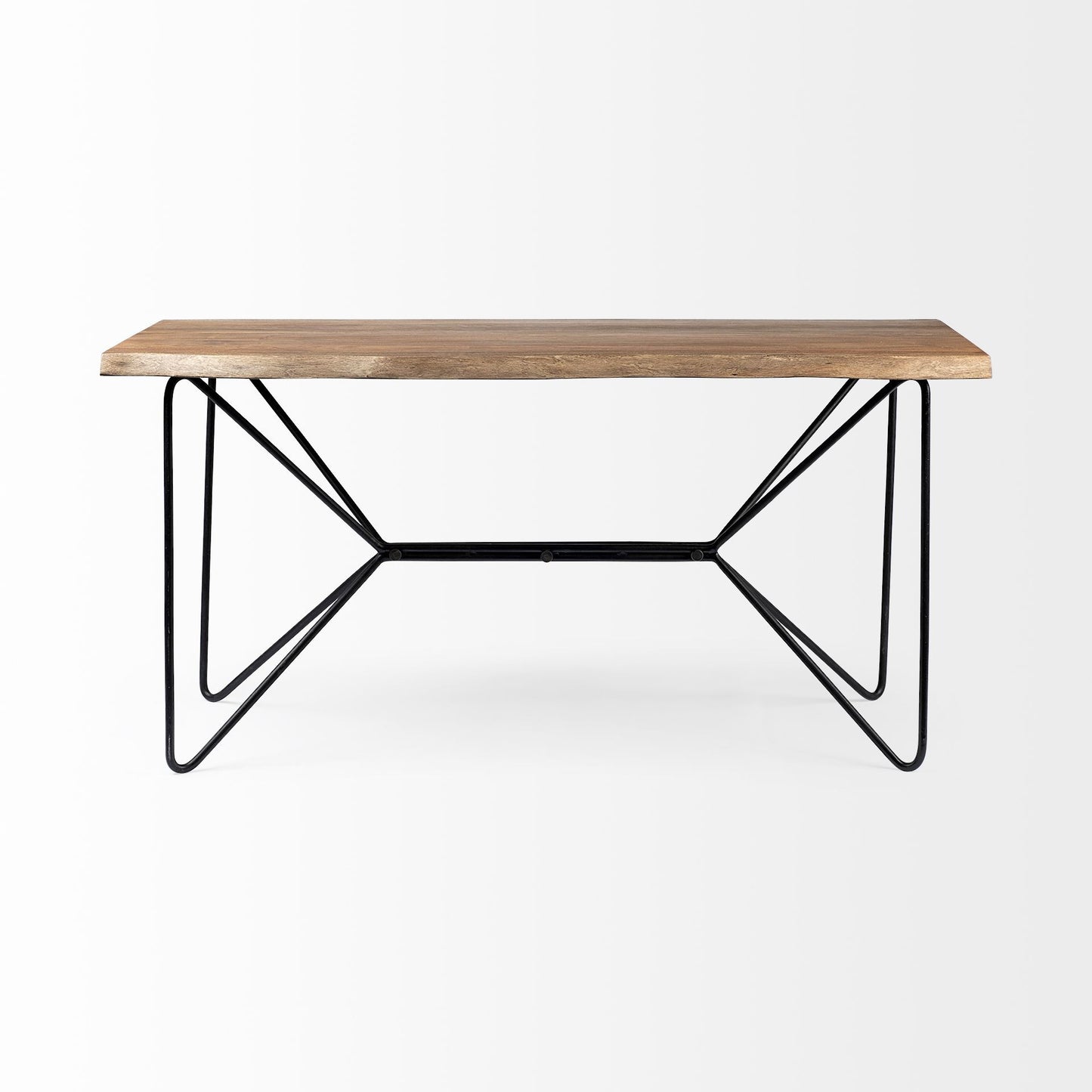 Wooden table with black metal legs on a white background
