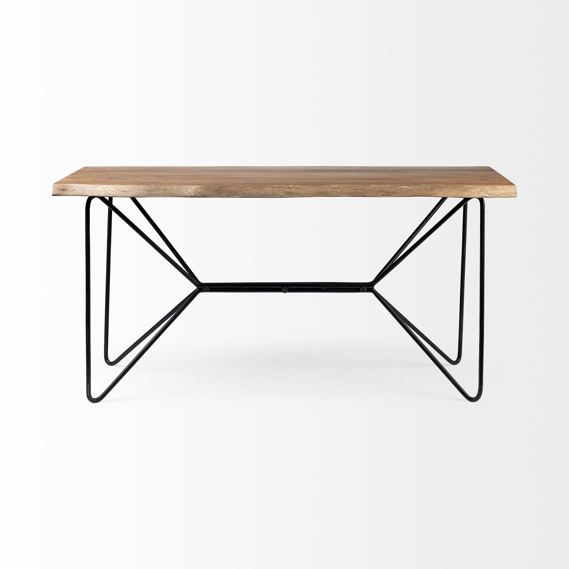 Wooden table with black metal legs on a white background