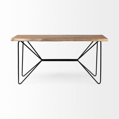 Wooden table with black metal legs on a white background