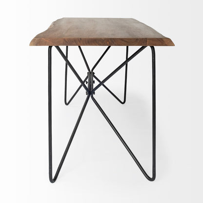 Wooden table with black metal hairpin legs on a white background