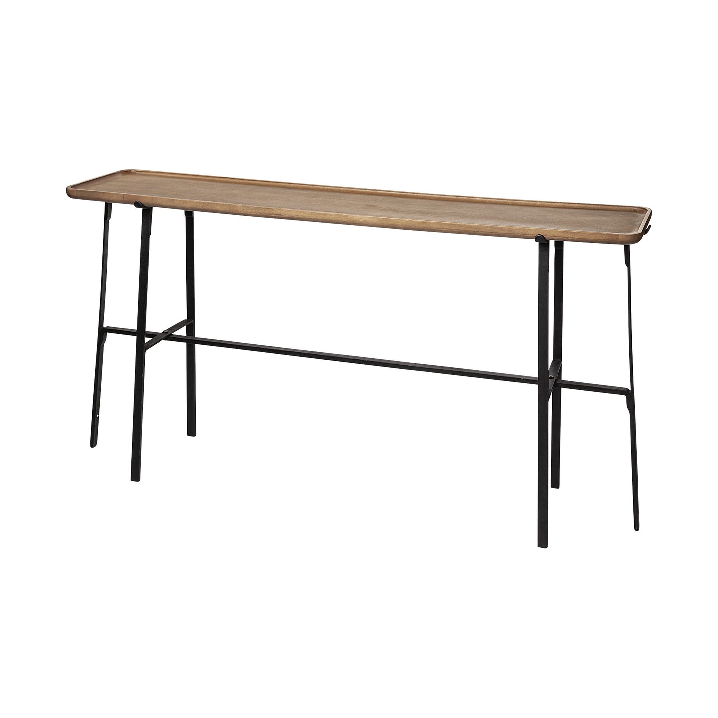 Long wooden table with black metal legs on a white background