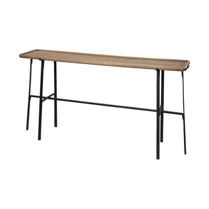 Long wooden table with black metal legs on a white background