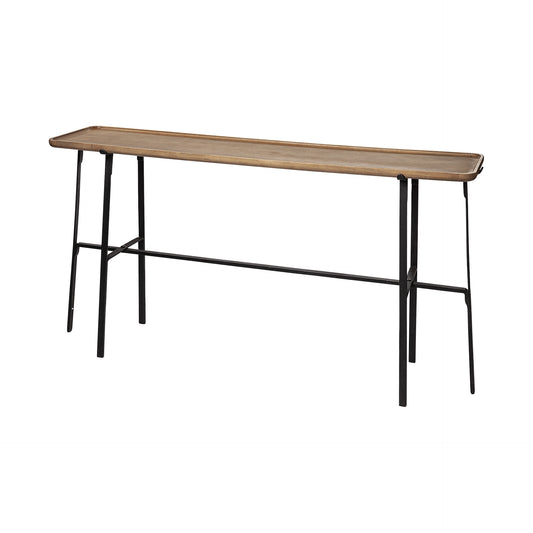 Long wooden table with black metal legs on a white background