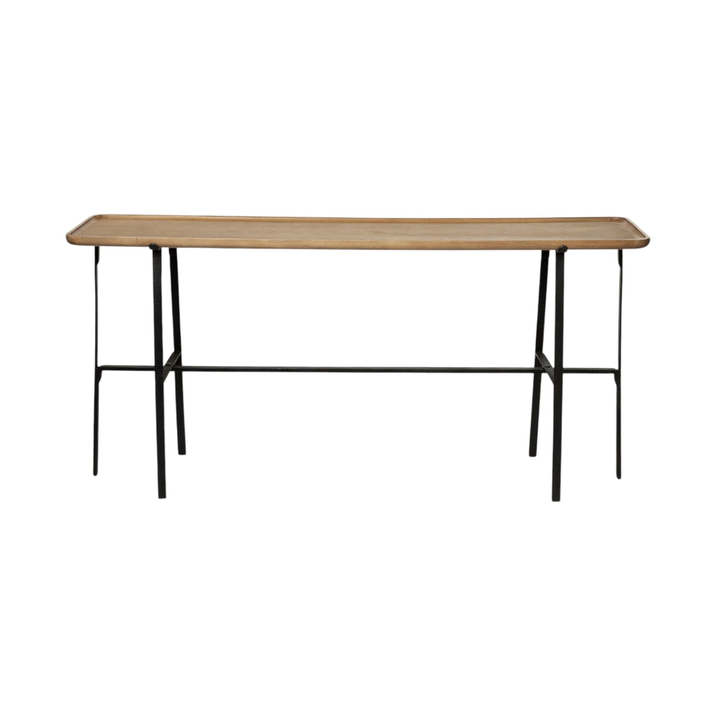 Wooden table with black metal legs on a white background