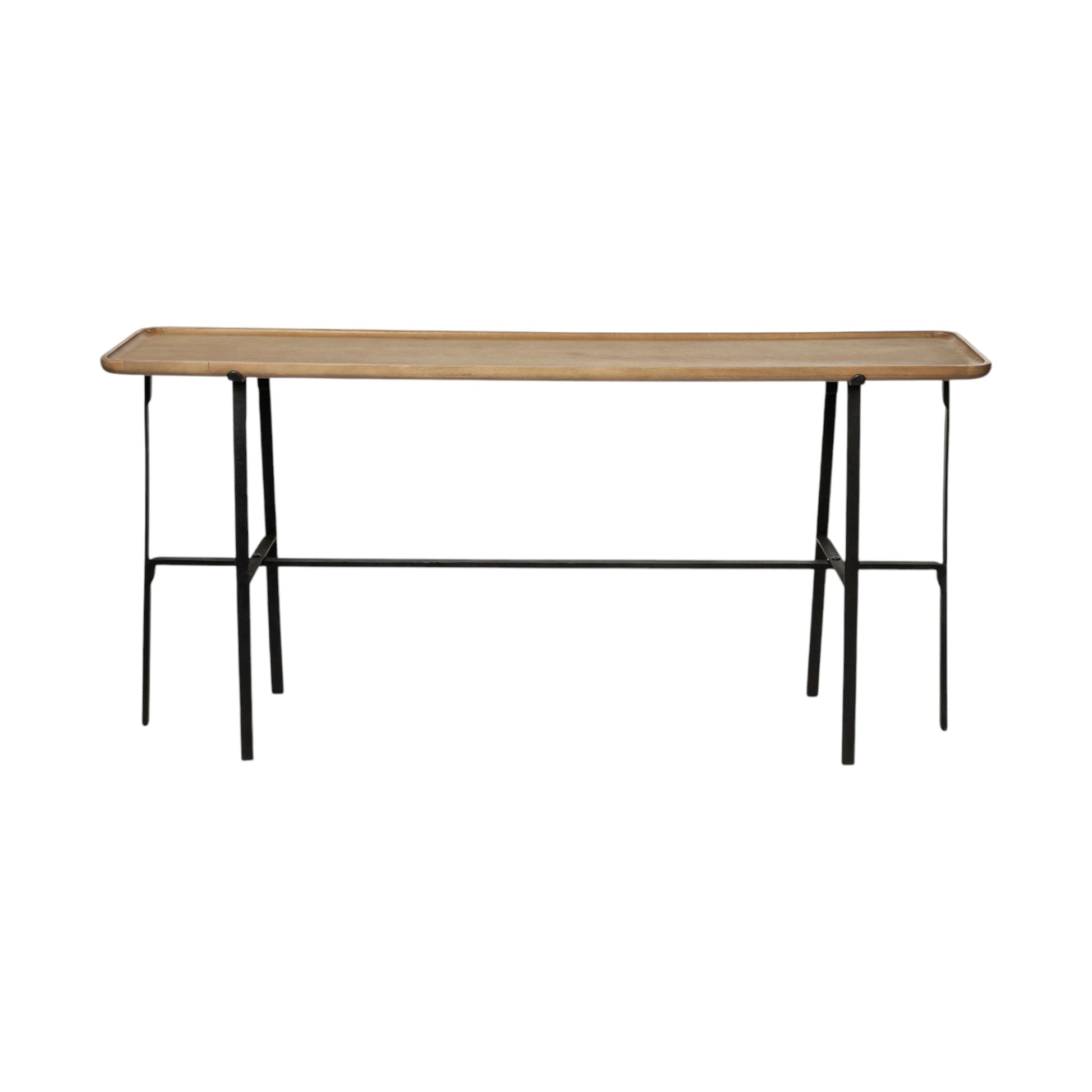 Wooden table with black metal legs on a white background