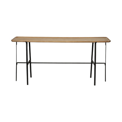 Wooden table with black metal legs on a white background