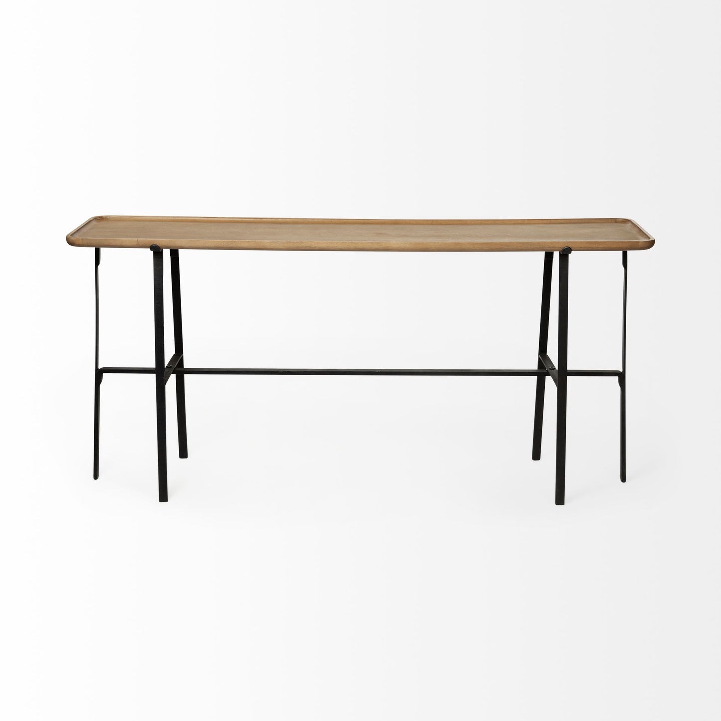 Wooden table with black metal legs on a white background