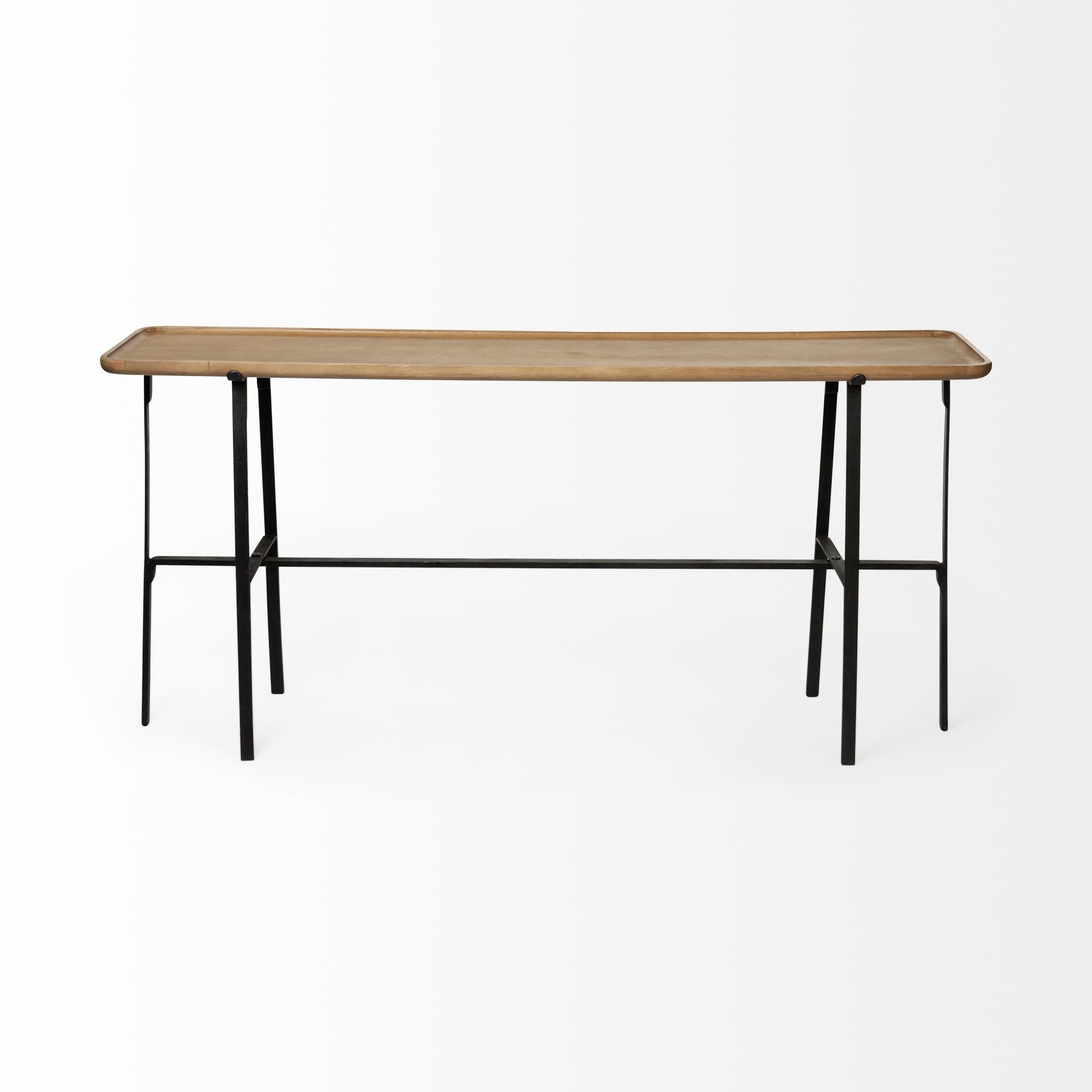 Wooden table with black metal legs on a white background