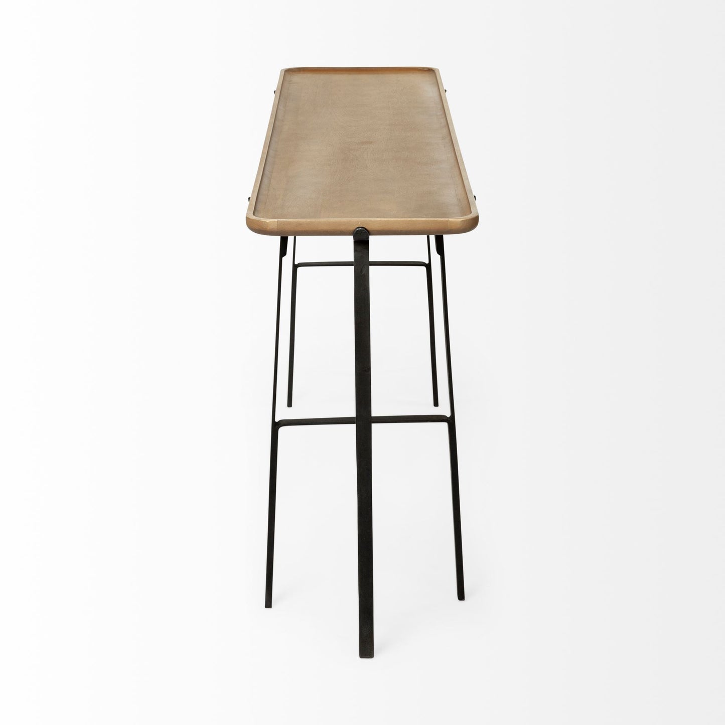 Bar stool with woven seat and black metal legs on a white background