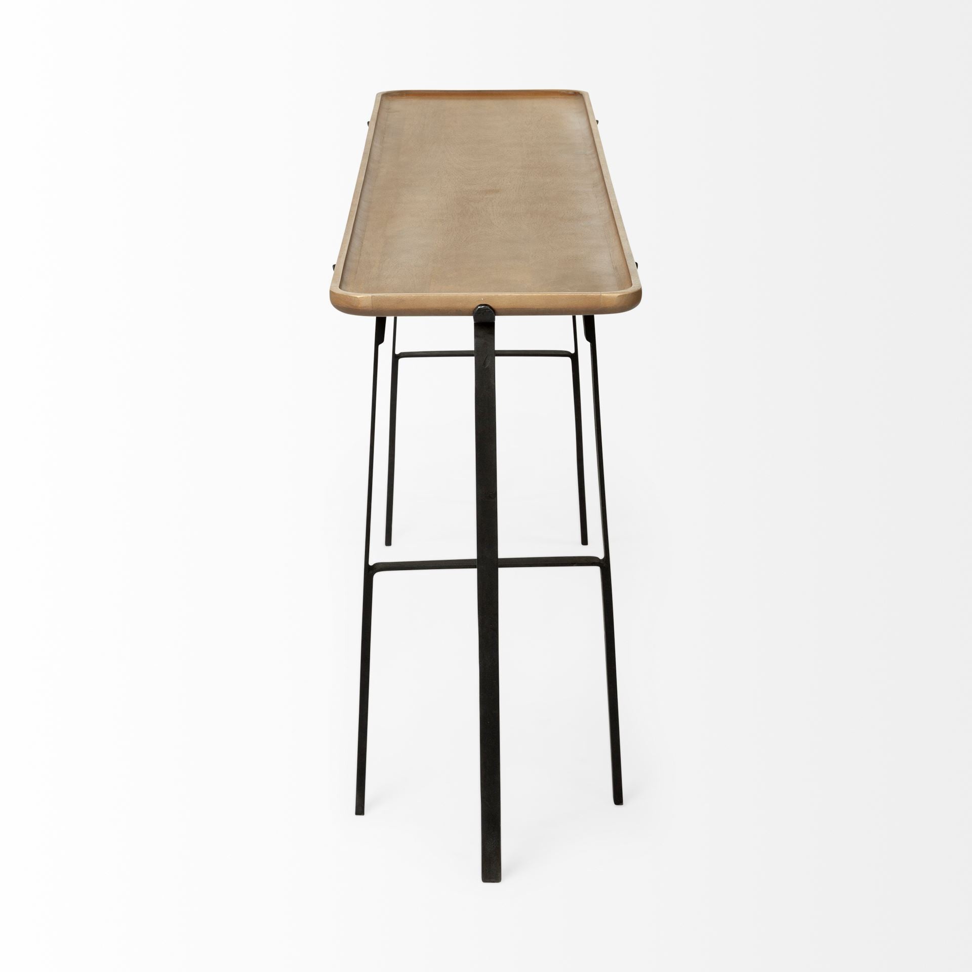 Bar stool with woven seat and black metal legs on a white background