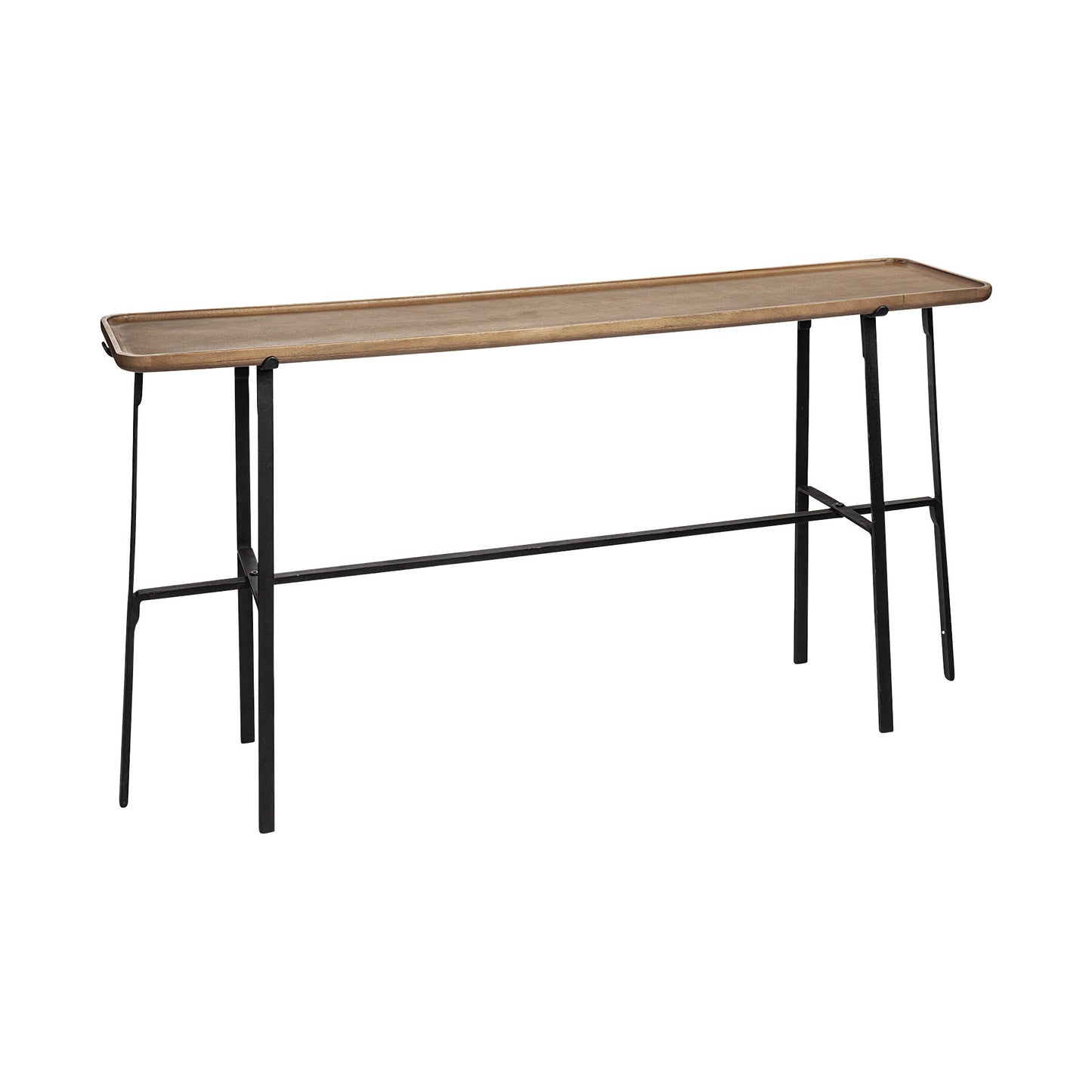 Long narrow wooden table with black metal legs on a white background