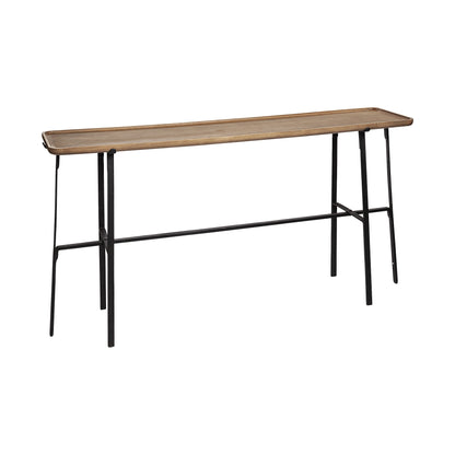 Long narrow wooden table with black metal legs on a white background