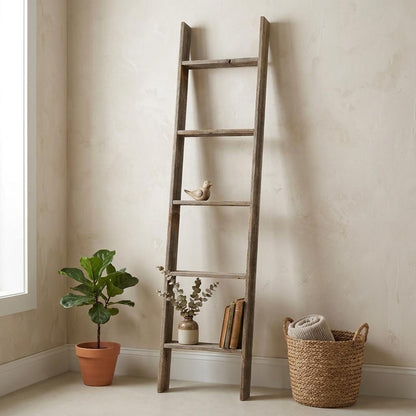 LAUREL 60" GRAY DISTRESSED SOLID WOOD FIVE STEP LADDER SHELF
