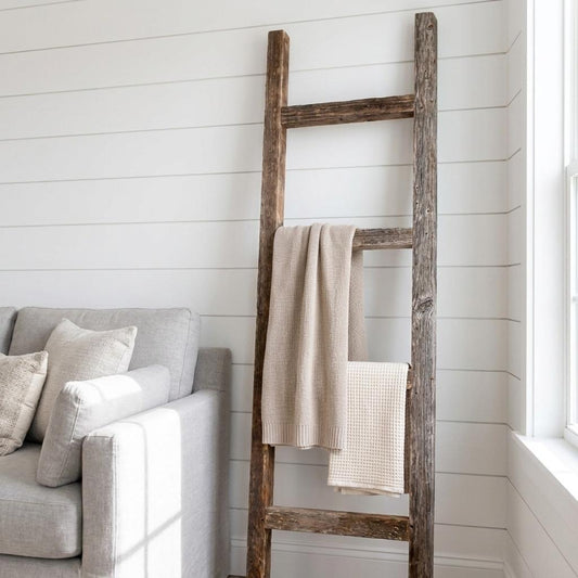 LAUREL 48" GRAY DISTRESSED SOLID WOOD FOUR STEP LADDER SHELF
