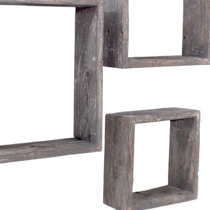 Set of wooden shelves with a rustic finish on a white background