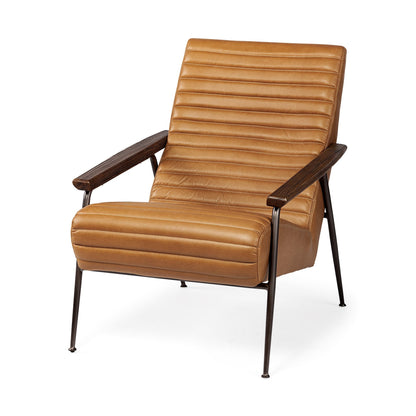Brown leather armchair with wooden armrests on a white background
