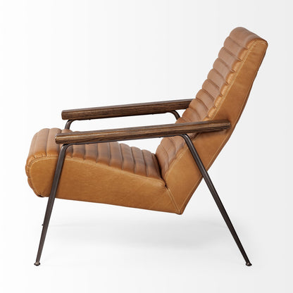 Brown leather armchair with wooden armrests on a white background