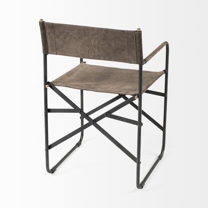Brown folding chair with black metal frame on a white background