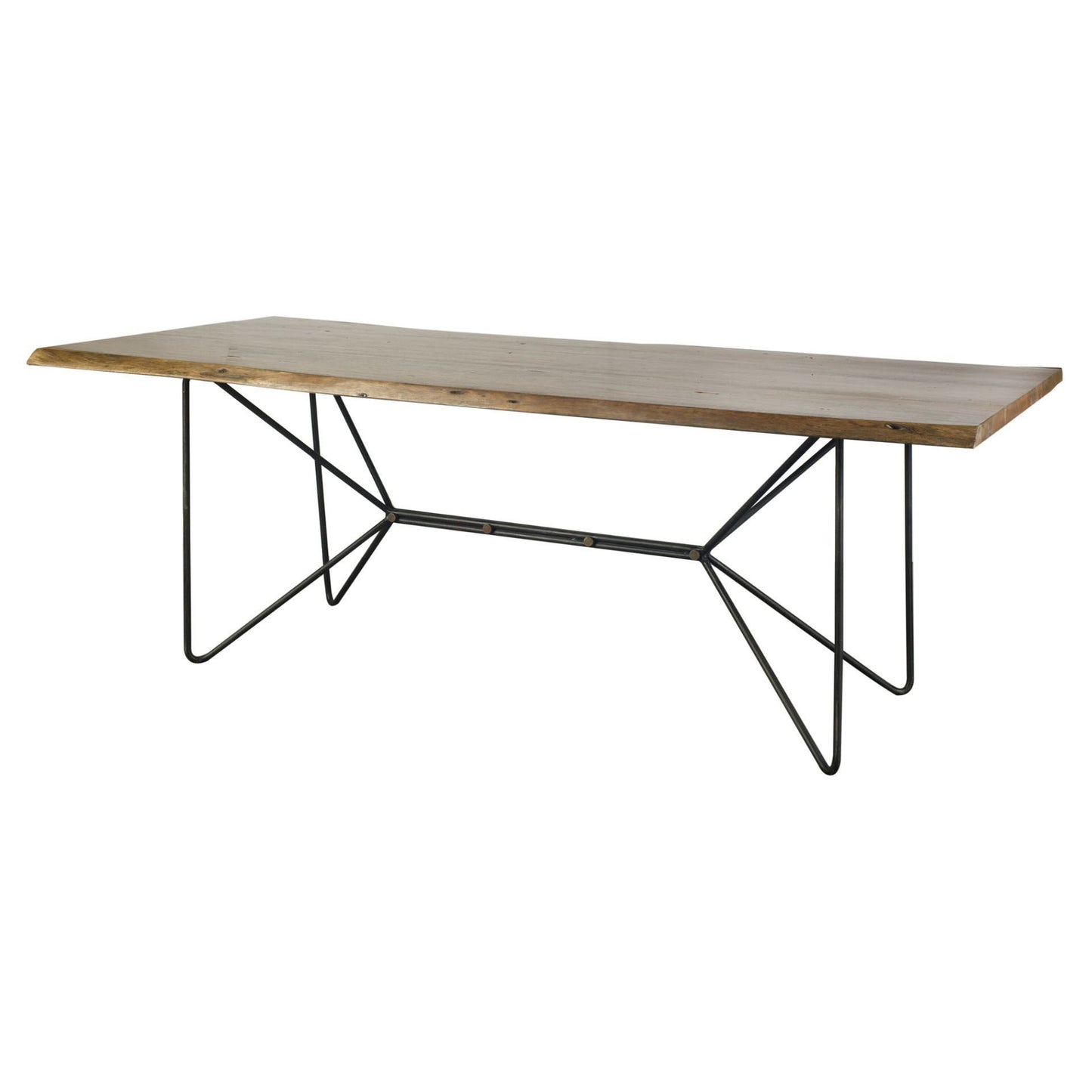 Rectangular table with wooden top and metal frame on a white background