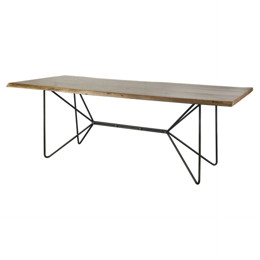 Rectangular table with wooden top and metal frame on a white background