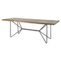 Rectangular table with wooden top and metal frame on a white background