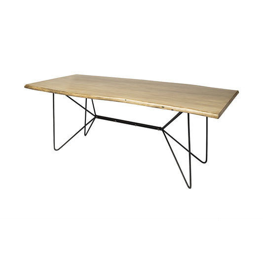 Wooden table with black metal legs on a white background