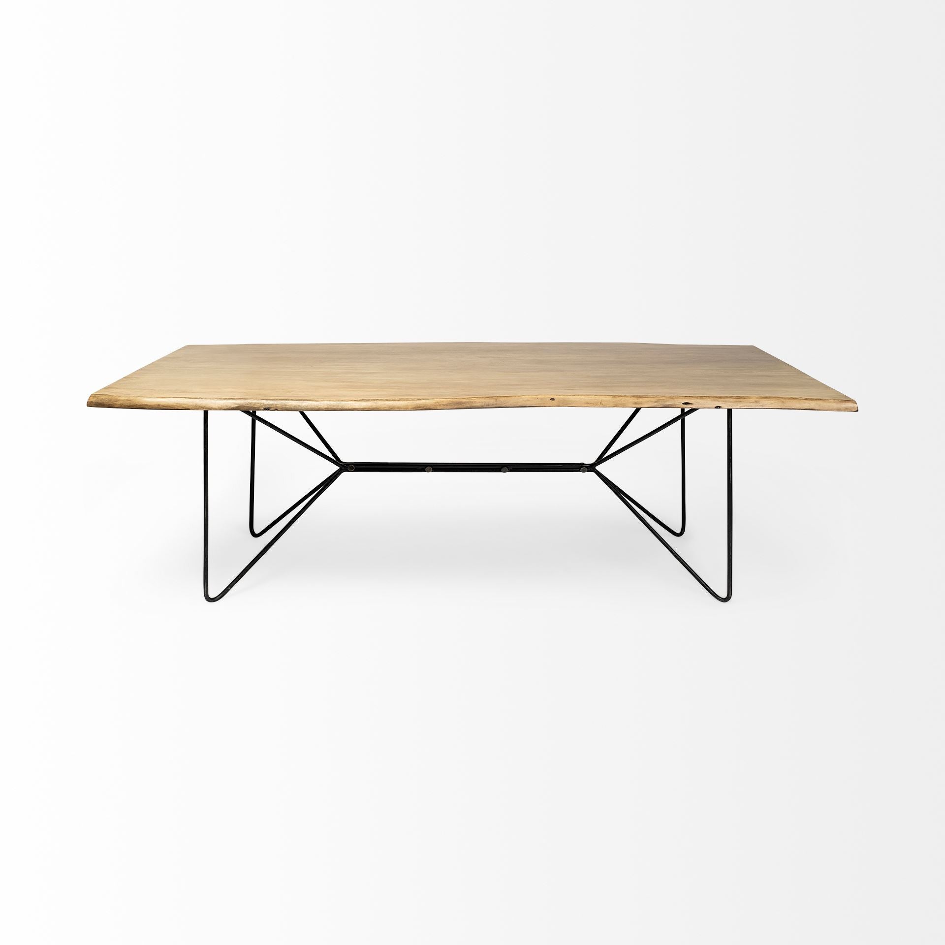 Wooden table with black metal legs on a white background