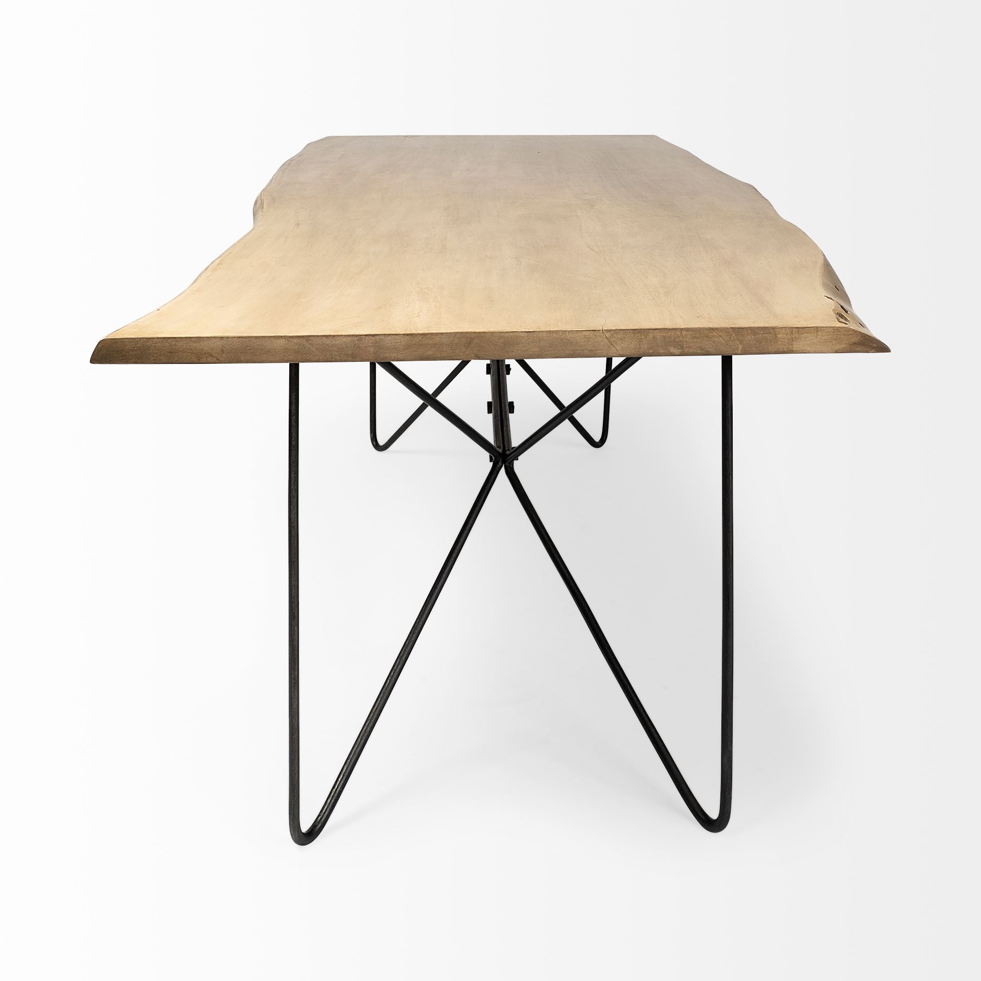 Wooden stool with black metal legs on a white background