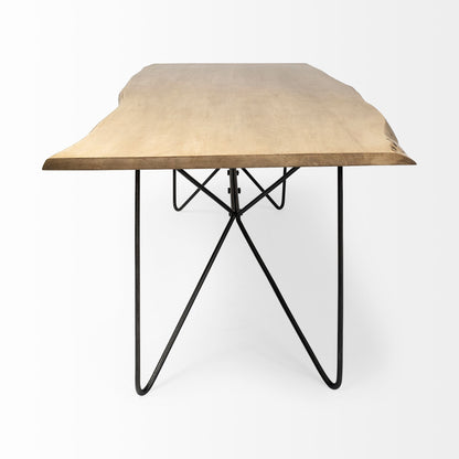 Wooden stool with black metal legs on a white background