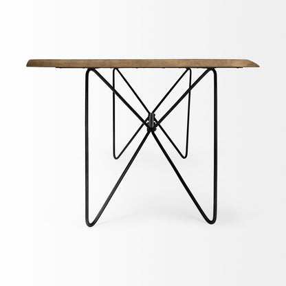 Table with wooden top and black metal legs on a white background
