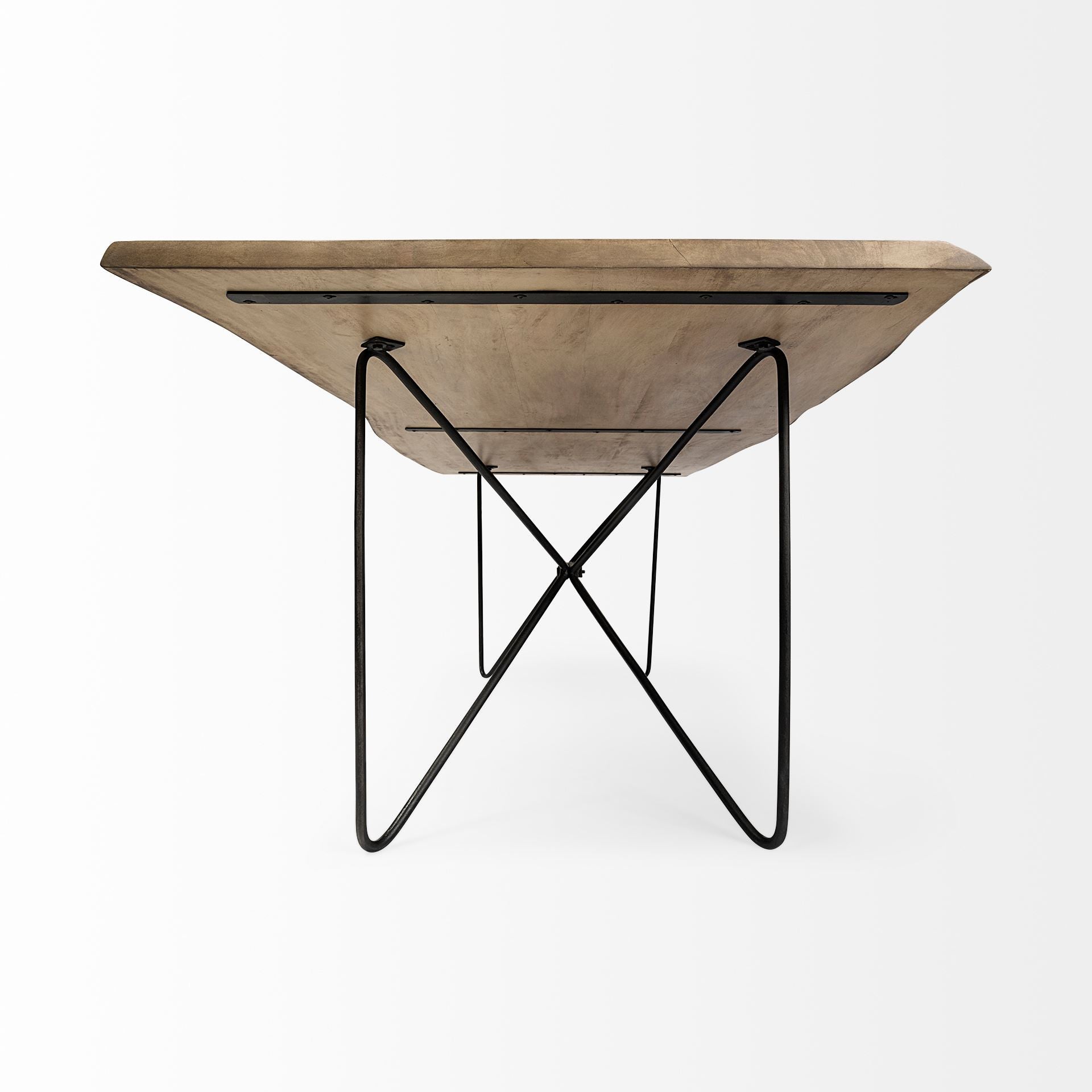 Wooden table with black metal legs on a white background
