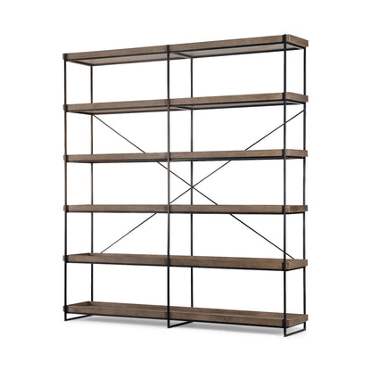 Bookshelf with wooden shelves and metal frame on a white background
